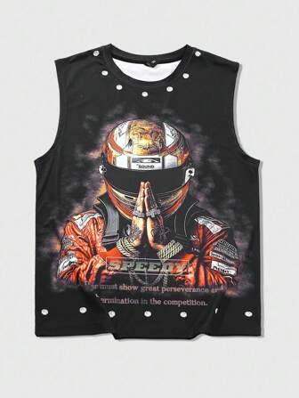 Street Life Racer Helmet Portrait Rivet Pattern Men's Black Sleeveless Vest, Street Fashion, 2000s Style