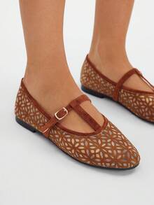 Styleloop Women's Laser Mesh Breathable T-Strap Decor Round Toe Casual Comfortable Versatile Elegant Flat Shoes, Suitable For Halloween, Christmas, Autumn - Brown - View 2