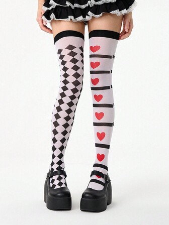 Grunge Punk 1 Paar Gothic-Stil schwarze Spiral-Herz- und Diamantmuster Overknee-Strümpfe
