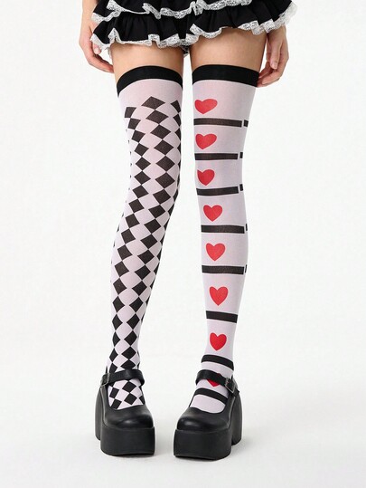 Grunge Punk زوج من جوارب طويلة حتى الفخذ بطراز جوثي بتصميم قلب حلزوني وماسي باللون الأسود