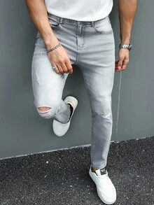 Manfinity LEGND 男士休闲破洞弹力紧身灰色牛仔裤 - 灰色 - 查看 7