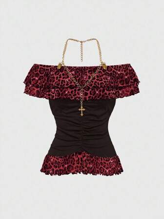 J-Fashion Y2K Harajuku Gyaru Retro Leopard Print Rhinestone Metal Chain Halter Neck Ruffle Trim Bodycon Women T-Shirt