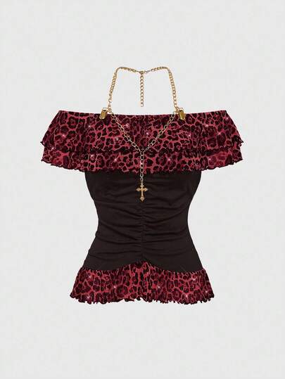 J-Fashion Y2K Harajuku Gyaru Retro Leopard Print Rhinestone Metal Chain Halter Neck Ruffle Trim Bodycon Women T-Shirt