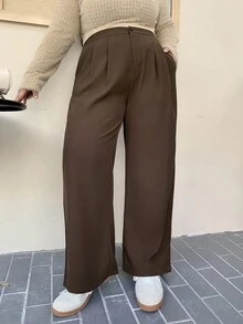 Dazy Plus Plus Size Solid Color Versatile Loose Casual Pants, All Season Fall - Brown - View 6