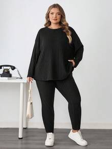 SHEIN CURVE+ Bộ 2 món/Bộ đồ thể thao phong cách Pháp cỡ lớn cho nữ trở lại trường, quần legging họa tiết tối giản và áo dài tay/Mùa thu/Mùa đông - màu đen - Xem 6