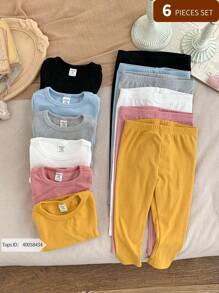 SHEIN LMoss Kids 6件套女婴可爱针织弹力腰纯色裤装（上衣和裤子分开出售），秋冬季