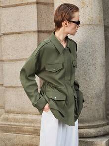 Lumivelle Business Casual Woman Fall Women Clothes Women's Solid Color Utility Pocket Drop Shoulder Cinched Waist Regular Jacket Casual Outfits Spring Clothes For University - Army Green - View 4