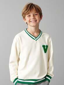 Sudadera holgada para niños, nueva para otoño/invierno, cuello en V pequeño, parche blanco con puños y bajo de canalé tejido en verde, holgada y cómoda, estilo casual