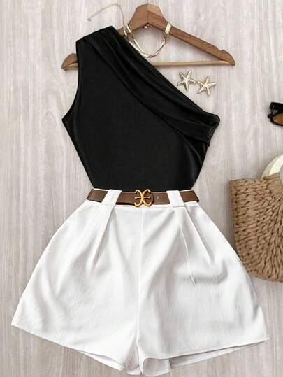 INAWLY Conjunto de top plisado de hombro de color marrón sólido y elástico para uso casual y pantalones blancos de cintura elástica