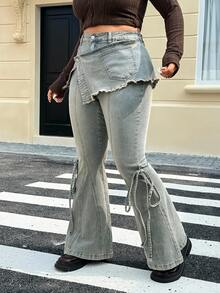 SHEIN ICON Women's Retro Denim Flared Leg Tie-Waist Slim Fit 2 In 1 Pants