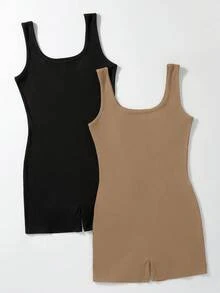 SHEIN Unity 2pcs/Set Solid Color Slim Fit Sleeveless Jumpsuit, Summer - Multicolor - View 3