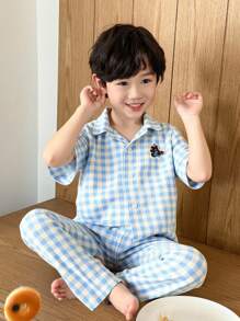 2件套小男孩休闲熊刺绣格子印花短袖上衣和裤子家居服返校时尚
