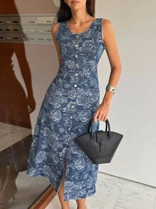 DAZY Women's Elegant Commuter Jacquard Front Button Sleeveless Waist Denim Dress - Blue - View 4