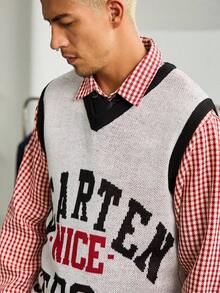 Manfinity Hypemode Chaleco de punto informal para hombre con cuello en V, estampado de letras y ribete de contraste, otoño - Blanco - Ver 5