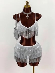 Amplova Silver Glitter Suspender Tassel Top And Shorts Set - Silver - View 1