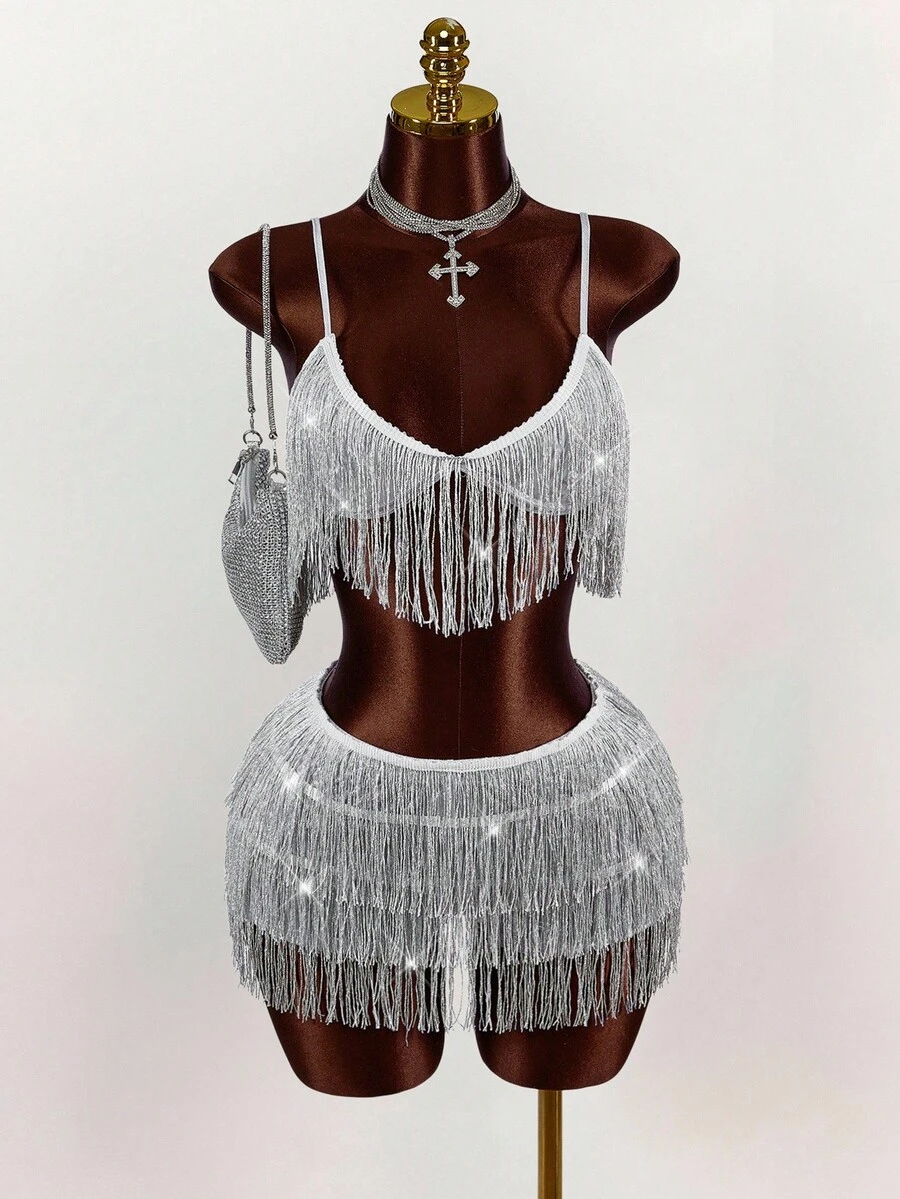Amplova Silver Glitter Suspender Tassel Top And Shorts Set - Silver - View 1
