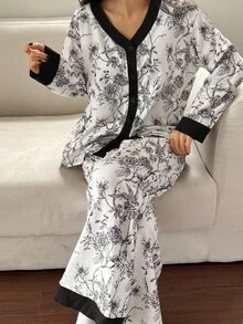 DAZY Line Drawing Plant Pattern Contrast Color Patchwork Women Pajama Set, Fall Clothes - White - View 4