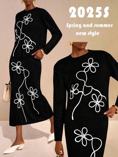 Zivah 2 Pieces Set: High-End Black & White Color Block Handmade Flower Knitted Sweater And Bodycon Skirt, Waist Cinching, Autumn/Winter