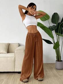 SHEIN EZwear Plus Size Brown Casual Drawstring Waist Pants