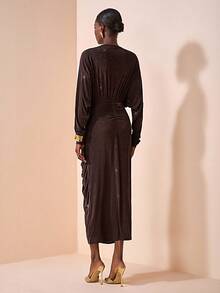 Zivah 2025 秋季新款音乐节、复活节、圣帕特里克节、西部风、游牧风、生日派对、毕业典礼、学院风、学生装、日常休闲、百搭百搭、休闲、邮轮旅行、海滩、日光浴、网络热卖、街头潮流、婚礼宾客波西米亚风、通勤、早午餐、机场、长袖 V 领褶饰腰部超长连衣裙、纹理闪亮面料、棕色 - 棕色 - 查看 2