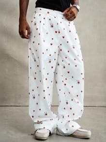 Manfinity Roghcode 休闲宽松阔腿纽扣口袋男士裤子，心形裤，泰迪熊裤，印花裤，白色裤子，适合秋季 - 白色 - 查看 4