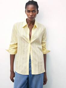 Maija 女士休闲通勤条纹纹理长袖衬衫 - 黃色 - 查看 6