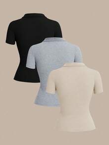 SHEIN BASICS 女式休闲纯色 Polo 领修身短袖 T 恤，夏季 - 彩色 - 查看 2