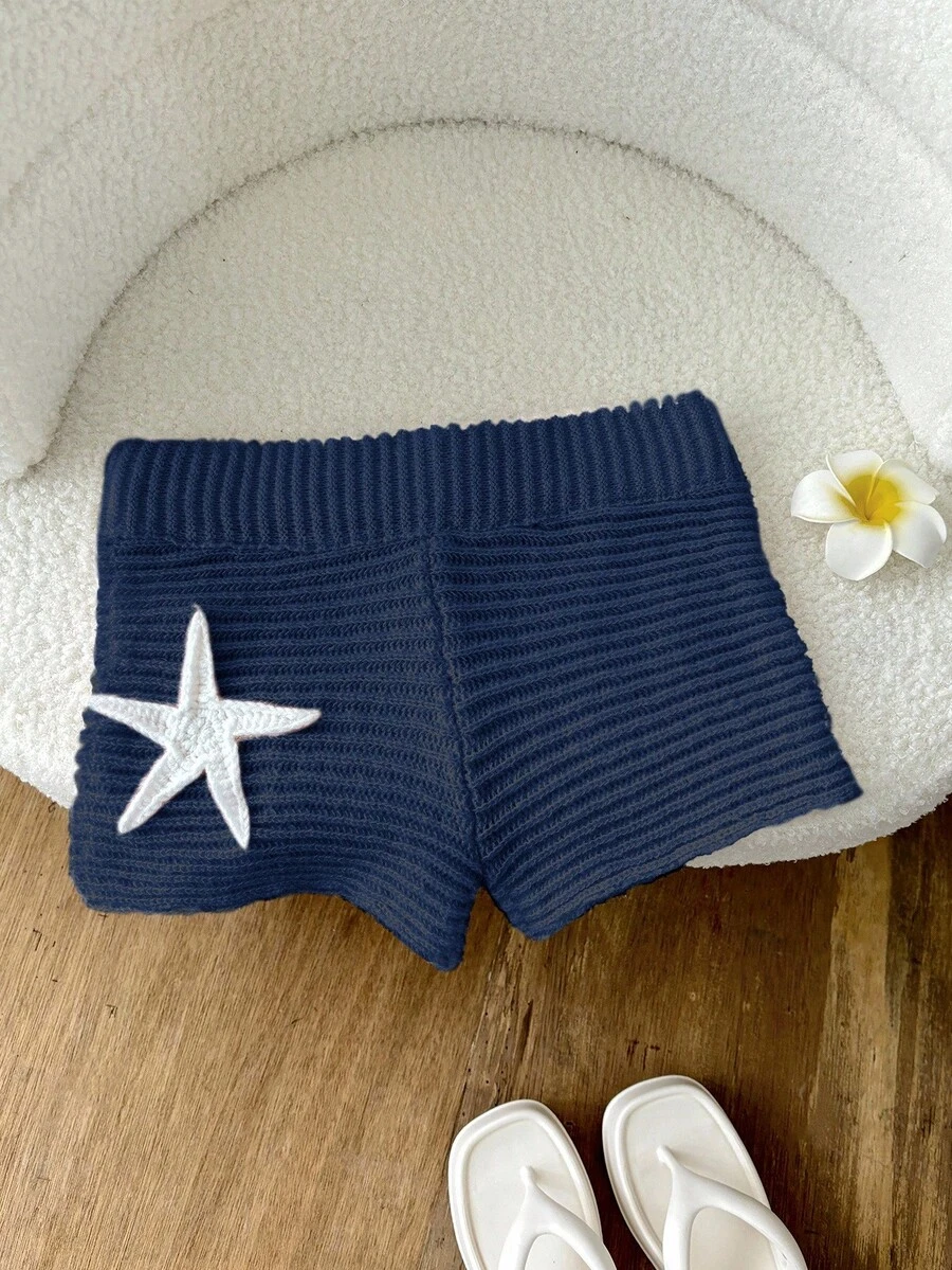 Elamini Starfish Textured Knit Pink Shorts - Royal Blue - View 1