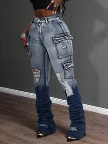 Slaydiva Women's Fashion Casual Skinny Stacked Moto Cargo Jeans - Dark Wash - View 3