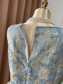 Celure Váy cổ điển thanh lịch cỡ lớn dành cho nữ, cổ vuông, thắt eo, họa tiết lá kim sang trọng, viền xòe, duyên dáng - Màu xanh nhạt - Xem 6