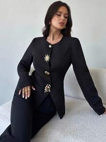 Firerie Women's Elegant Minimalist Metal Button Decor Long Sleeve Blouse, Long Sleeve Asymmetric Button Fitted Top, Black, Suitable For Office Wear Fall Women Clothes / Commuting Wear / Teacher Clothing / Back To School Season / Old Money /Fall Clothes For Women/ Business Casual Woman / Fall Clothes/Office Attire For Women /Work Outfits/ Fall Women Clothes - Black - View 2