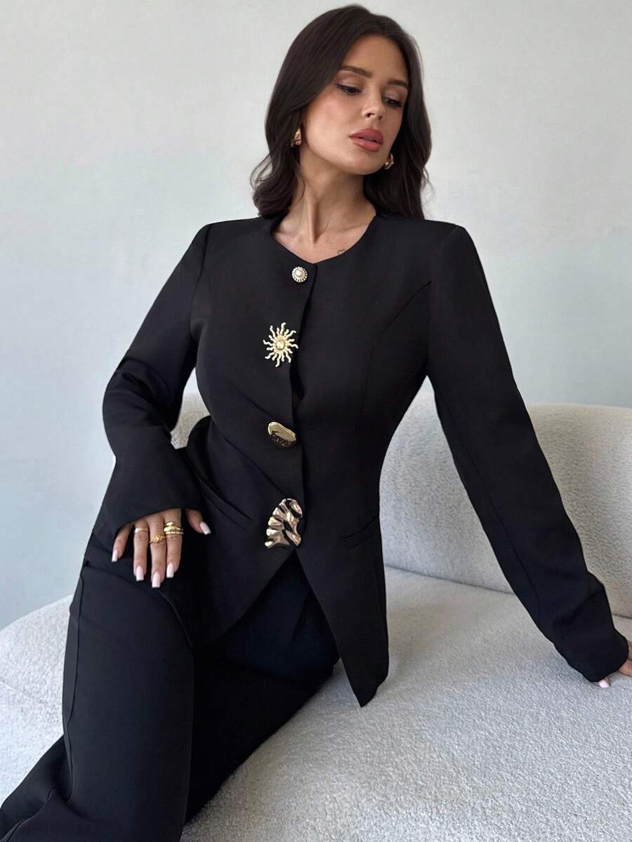 Firerie Women's Elegant Minimalist Metal Button Decor Long Sleeve Blouse, Long Sleeve Asymmetric Button Fitted Top, Black, Suitable For Office Wear Fall Women Clothes / Commuting Wear / Teacher Clothing / Back To School Season / Old Money /Fall Clothes For Women/ Business Casual Woman / Fall Clothes/Office Attire For Women /Work Outfits/ Fall Women Clothes