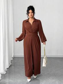 Elenzga Mono informal de talla grande con cintura ajustada y unicolor - Marrón - Ver 4