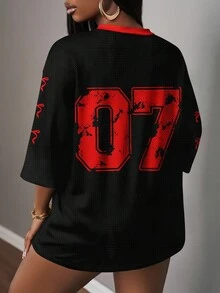 Slaydiva 07 号休闲简约字母数字图案女式 T 恤，适合夏季 - 紅色和黑色 - 查看 2