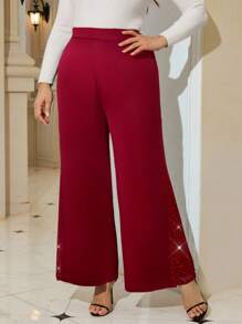 SHEIN Tall CURVE Plus Size Elegant Commuter Rhinestone Patchwork Wide Leg Pants - Burgundy - View 4