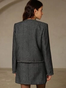 GENKIRA 女士春秋粗花呢金属纱面料编织缎带装饰优雅精致百搭夹克和拼布口袋装饰短裙 2 件套 - 黑色 - 查看 7