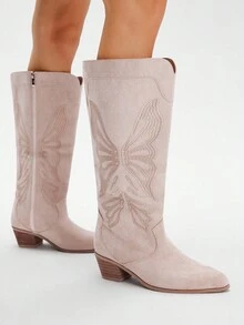 Styleloop Giày bốt mũi nhọn đế dày đính đinh tán, khóa kéo, thêu trang trí cho nữ, thích hợp cho lễ hội, bốt cao đến đầu gối cho nữ, bốt cao bồi, phong cách Boho, trang phục cao bồi, lễ hội âm nhạc, Halloween, Giáng sinh, tiệc tùng, màu hồng - Màu be - Xem 4