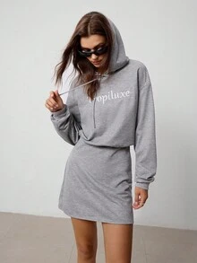 Hanevo Women's Casual Letter Embroidery Drawstring Hooded Sweatshirt Dress Fall Cloth For Women - Grey - View 3
