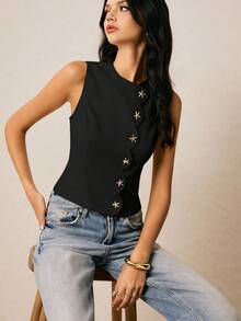 Poéselle Blusa sin mangas de cuello redondo con botones frontales de unicolor para mujer