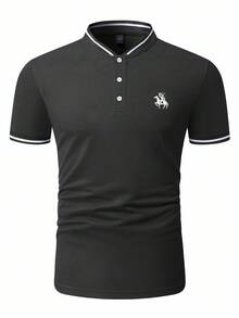 Manfinity Homme Men Figure & Horse Print Striped Trim Polo Shirt - Black - View 3
