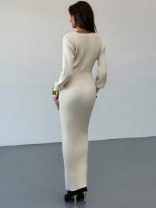 Aloruh Elegant Deep V-Neck Fitted Waist Long Sweater Dress, Casual Commuter Style, Autumn/Winter,Fall - Apricot - View 6