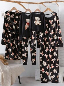 Men's Black Minimalist Cute Bear Pattern Long Sleeve Jumpsuit Loungewear Family Pajama Sets, Fall