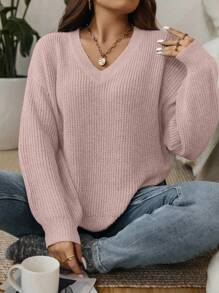 EMERY ROSE Plus Size Women V-Neck Dropped Shoulder Long Sleeve Casual Loose Pullover Sweater, Autumn Fall Winter Cloth For Women - Baby Pink - View 3