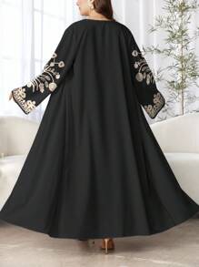 SHEIN Najma Plus Size Women's Floral Print Long Sleeve Casual Arabic Abaya Robe, Spring/Autumn Black Abaya Dress Modest Open Abaya - Multicolor - View 2