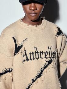 MODCRASH Men's Street Fashion Letter Embroidered Distressed Hole Versatile Knit Sweater, Autumn/Winter - Khaki - View 4