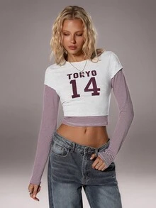 TRNVIE 1pc Women's Gray Round Neck Striped Patchwork Casual T-Shirt, Autumn