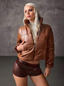 Giacca imbottita in pelle sintetica color cammello da donna - Cappotto trapuntato con chiusura lampo e anello, abbigliamento invernale in ecopelle