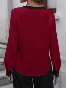SHEIN Clasi Women's Fashion Casual Contrast Trim Notched Neck Blouse Red Top - Burgundy - View 2
