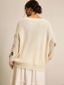 SHEIN VCAY Plus Size Loose Fit Sweater With 3D Floral Decor And Drop Shoulders Autumn Winter Clothes For Women - Beige - View 7