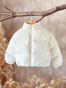 SHEIN Young Girls Casual Solid Color Cute Fluffy Jacket, Faux Shearling Cropped Padded Coat, Winter Fall - Apricot - View 4